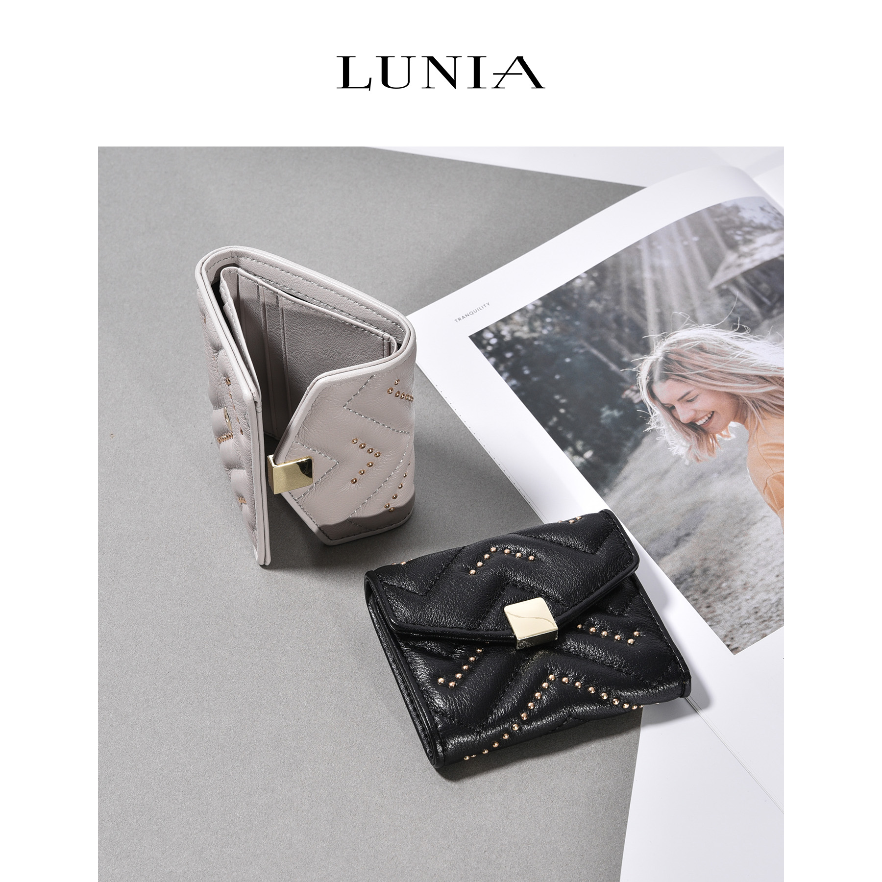 ins new head layer of cow leather wallet woman short style folding thin money clip simple genuine leather rivet triple-fold little leather wallet