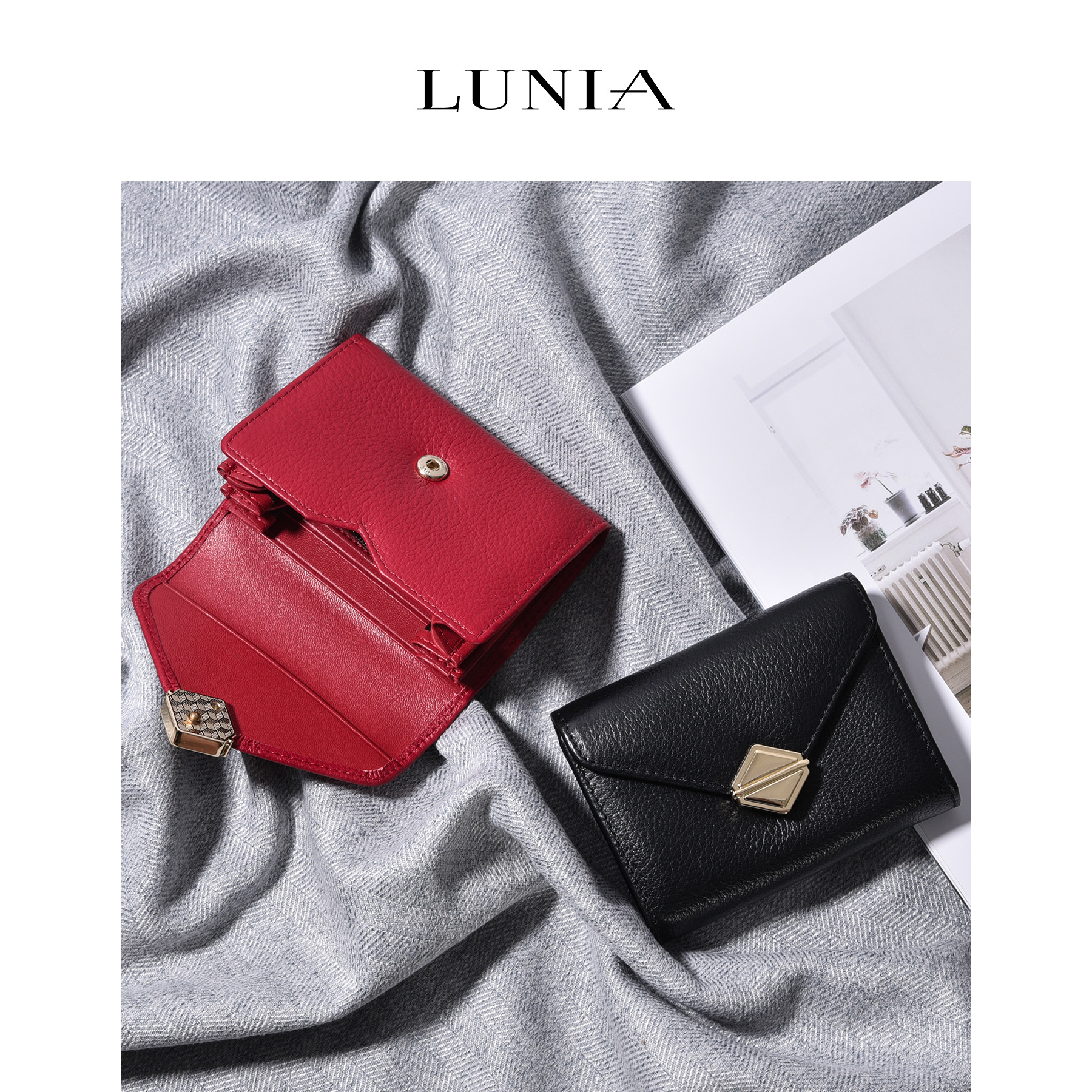 ins Japan-ROK minimalist genuine leather wallet female short draw chain by buckle leather clip fashion zero wallet cow leather small money clip