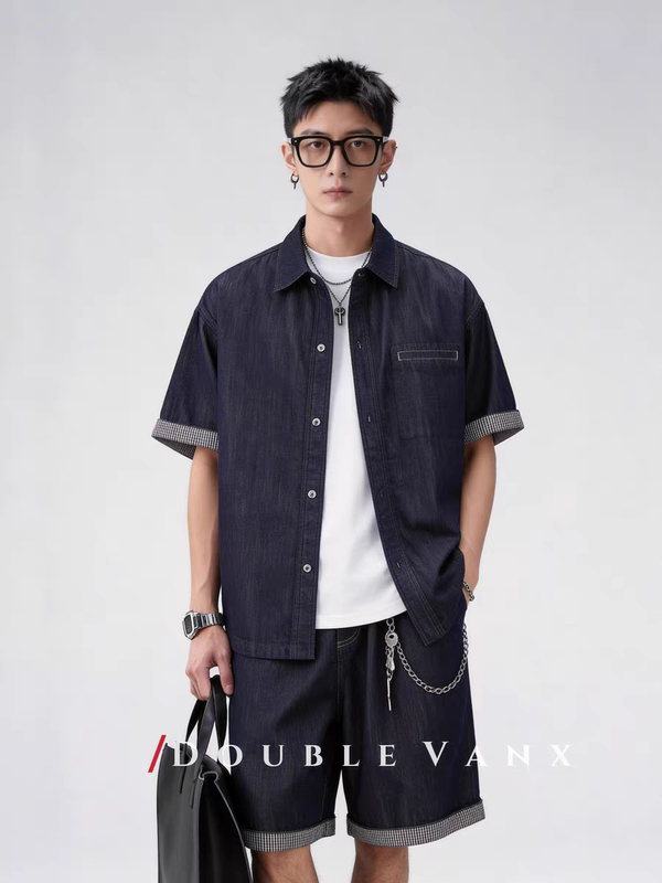Trendy Men's Lightweight Denim Suit 2026 Summer New Men's Casual Short-Sleeved Shirt and Shorts Fashionable Two-Piece Set Trendy Men's Lightweight Denim Suit 2026 Summer New Men's Casual Short-Sleeved Shirt and Shorts Fashionable Two-Piece Set
