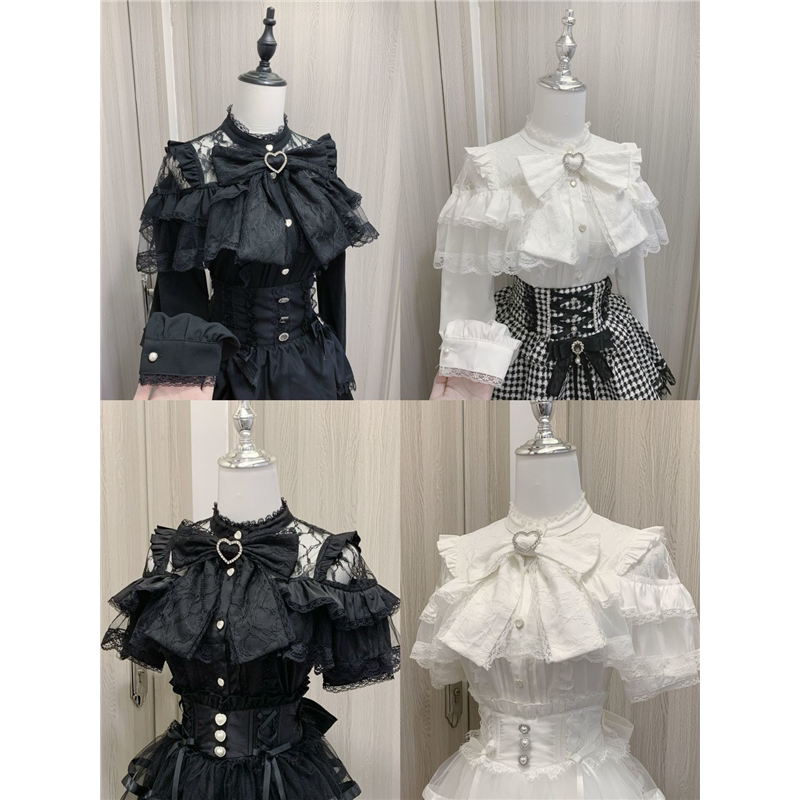Japanese-Style Lolita Bow Shirt Subculture Cute Solid Color Lace Long-Sleeve Short-Sleeve Shirt