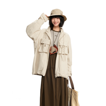 Zihan workwear style outdoor loose jacket women's autumn new commuter large pocket pure cotton mid-length zipper top