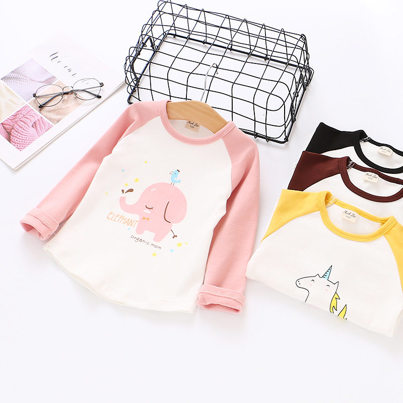 Girls pure cotton cartoon coloured round - collar T - shirt Spring and Autumn new children's suit baby's tops