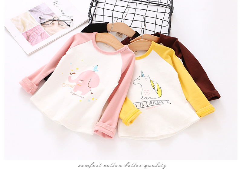 Bé gái hoạt hình cotton màu cổ tròn tay dài áo thun xuân hè cho bé mặc áo mỏng mỏng sơ mi chạm đáy váy trẻ em 10 tuổi