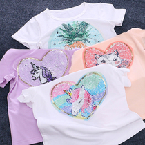 Girls pure cotton mesh red colour changing bright sheet short sleeve T-shirt Summer thin children girl baby foreign air cartoon blouse