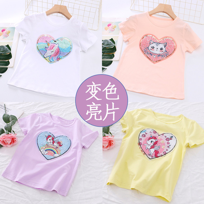 Girls' cotton color changing sequins short-sleeved T-shirt summer thin section children's baby cartoon round neck Western style casual top