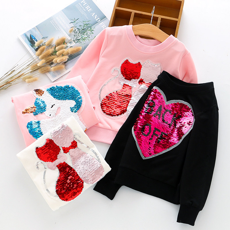 Girls pure cotton color-changing sequined sweater spring and autumn children's clothing baby cartoon long-sleeved foreign style pullover round neck top