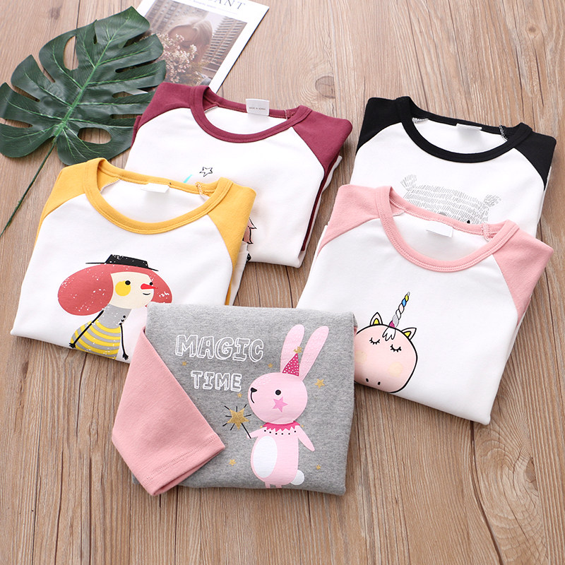 Girl Pure Cotton Cartoon Hit Color T-shirt Spring Autumn New Children Suit Baby Round Neckline Jacket Long Sleeve Outwear Undershirt