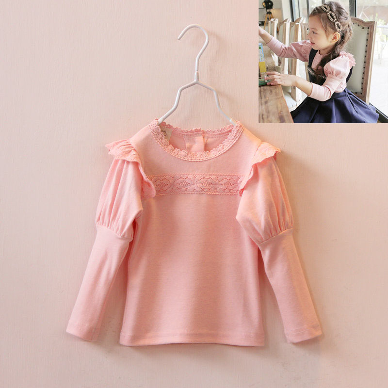 Girls' cotton lace puff sleeve tops Spring and autumn new children's baby princess long-sleeved bottoming shirts T-shirts