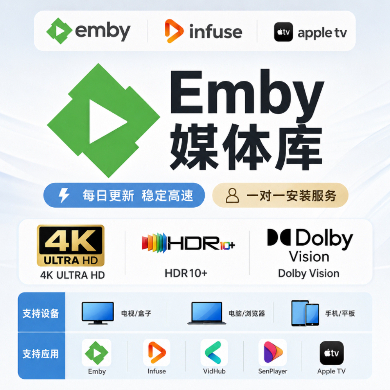 Emby Media Library Infuse Streaming Media 4K Movies and Tv Series High-Definition Dolby Atmos Apple Tv Content