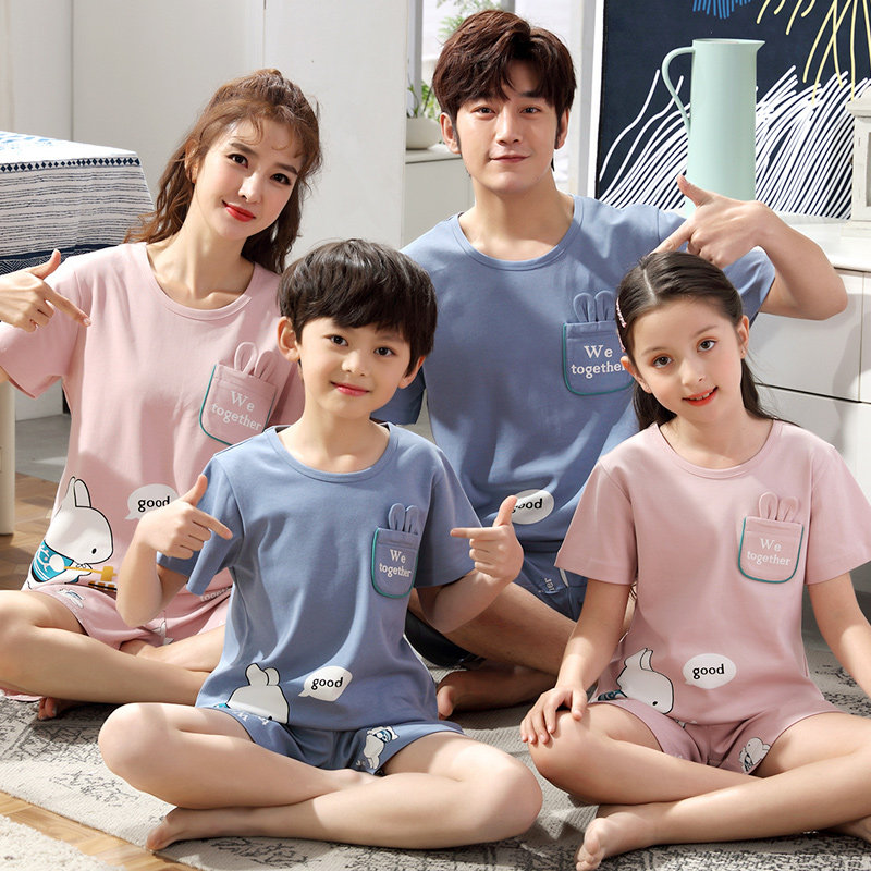 Summer cotton parent-child pajamas, a family of three mothers and daughters, summer short-sleeved children's home clothes, boys and large children's suits