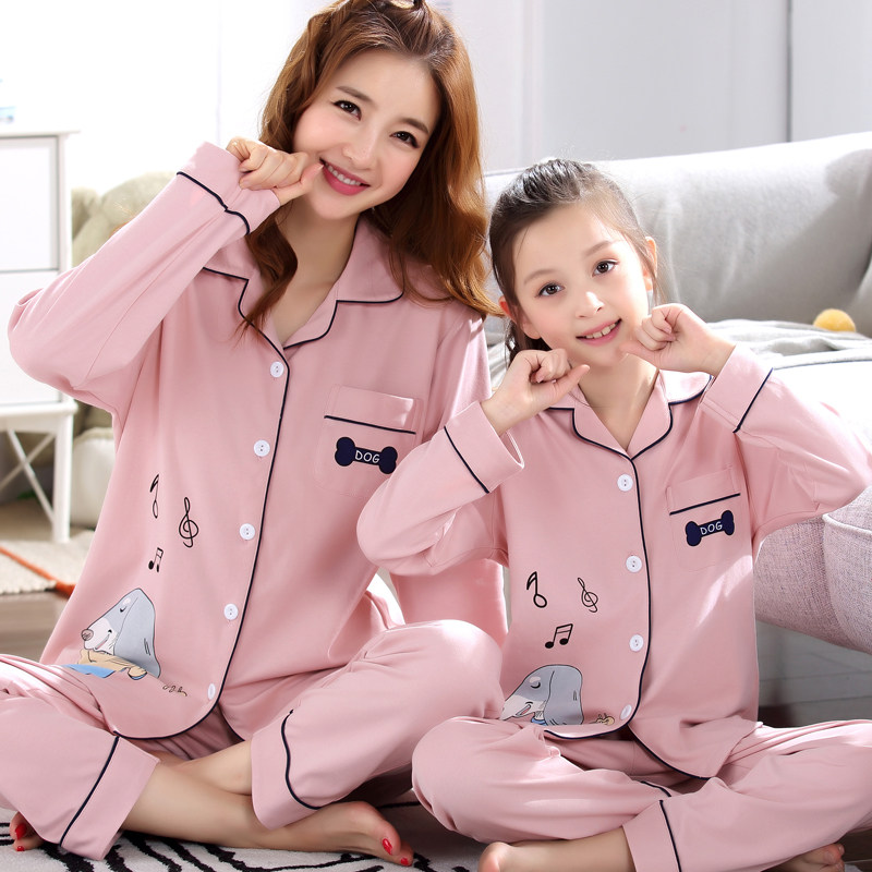 Fall long sleeve mother and daughter pajamas pure cotton suit spring and autumn lovely parent and child clothing children's home clothing girl child