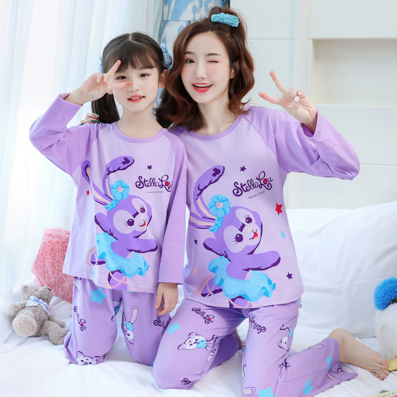 Mother Girl Sleepwear Pure Cotton Long Sleeve Spring Fall Kiss Girl Cute Girl CUHK Child Cartoon Children's Home Suit Suit