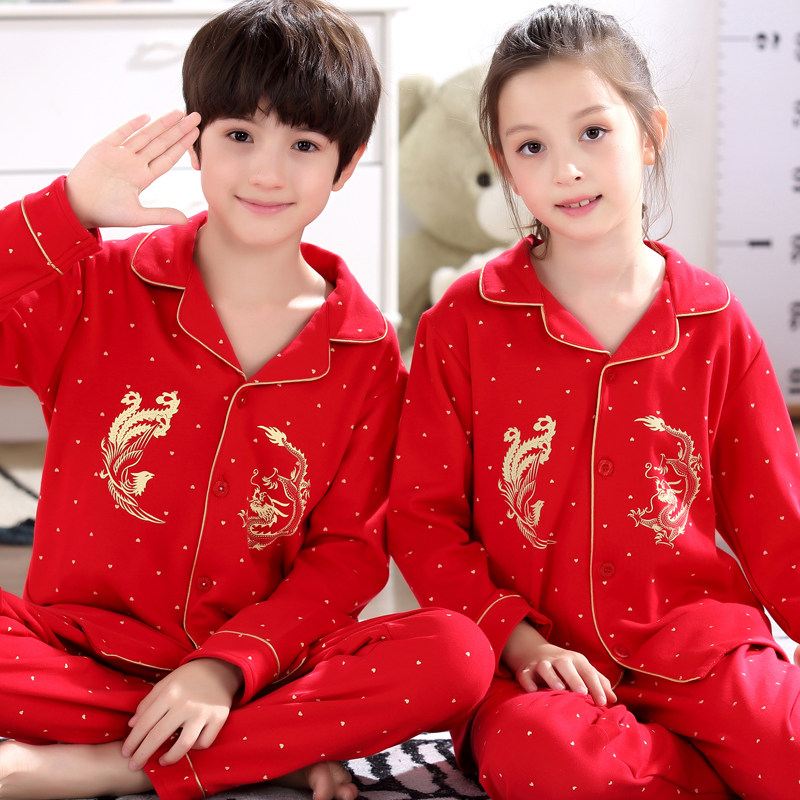 Spring Autumn Season Pure Cotton Children Sleepwear Boy Sleepwear Boy Long Sleeve Big Red Festive home Girl Baby Suit