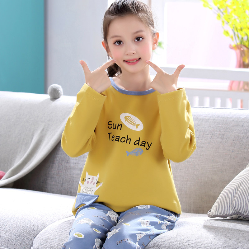 Girl Sleepwear Spring Autumn Season Long Sleeve Pure Cotton Little Girl Cartoon CUHK Children's Home Conserved Autumn Winter Thin children's clothes