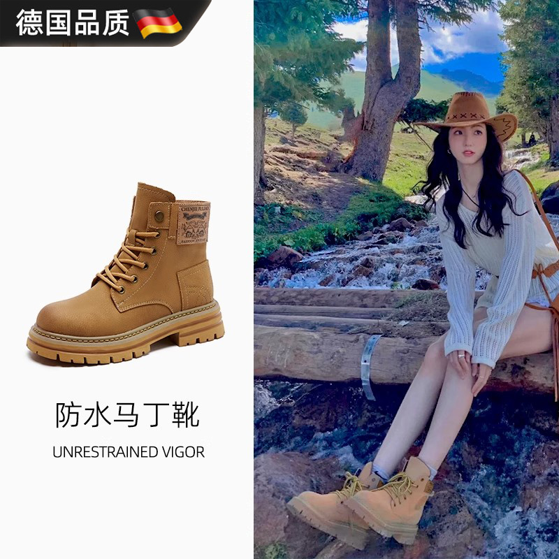 German Waterproof Martin Boots for Women 2025 New Hiking Shoes Thick-Soled Super Popular Melard Brown Short Boots Large Yellow Boots
