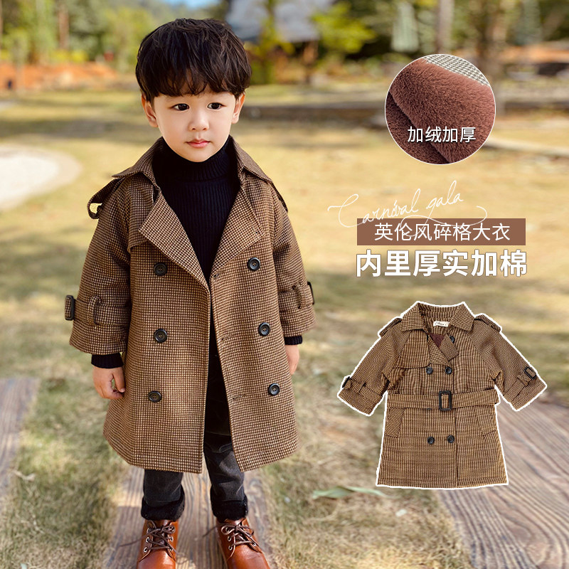 Children's mid-length coat 2022 winter new boys and girls plaid plus fleece windbreaker baby Korean style long coat trend