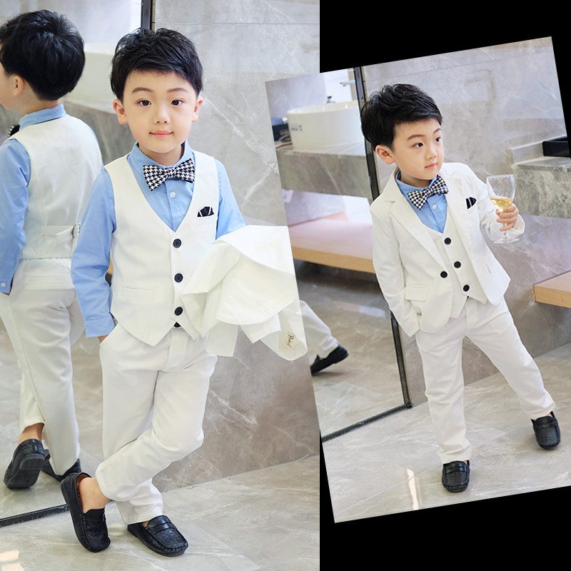 Children's White Suit Suit Foreign Pie Spring Autumn Style Flowers Children's Gown Piano Performance Little Western Suit Gentleman Boy West Suit