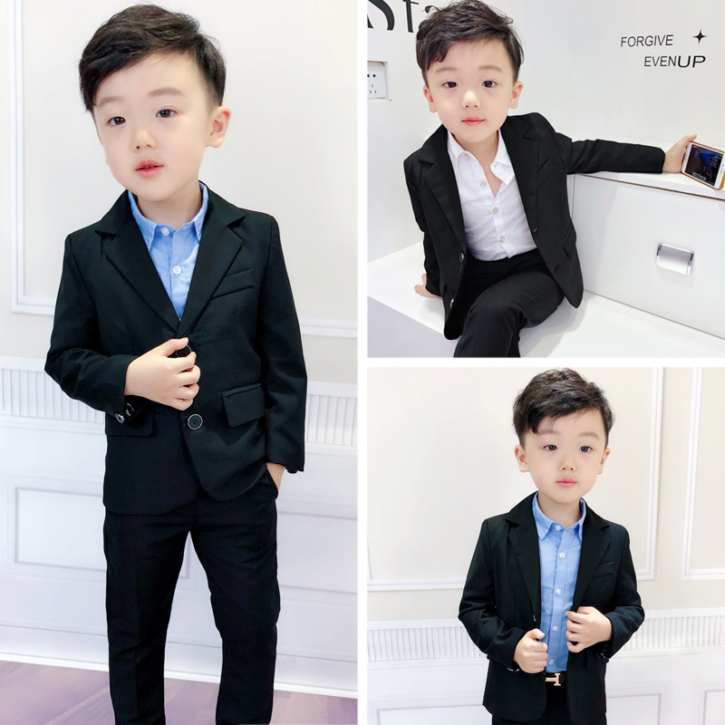 Spring and autumn boys classic black suit two-piece children's dress suit British baby wedding flower girl suit tide