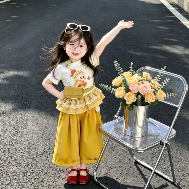 Baby Girl Casual Outfit Summer 2026 New Stylish Children's Plaid Patchwork Short-Sleeve Top and Pants Two-Piece Set