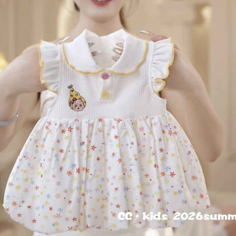 Girls' Sweet Puff-Sleeve Doll Collar Floral Dress 2026 Summer New Cute Casual Children's Dress