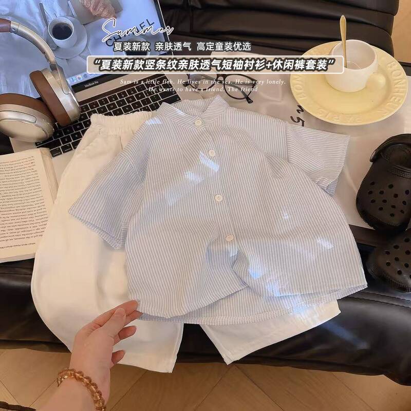 Boys and Girls 2026 Summer New Korean Style Loose Striped Shirt Set, Stylish Straight-Leg Cropped Pants for Boys and Girls Boys and Girls 2026 Summer New Korean Style Loose Striped Shirt Set, Stylish Straight-Leg Cropped Pants for Boys and Girls