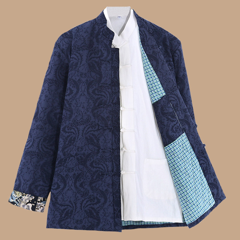 Middle-aged and elderly Tang suit cotton-padded jacket men's youth Hanfu Chinese style dad autumn and winter cotton and linen coat ancient costume large size cotton coat