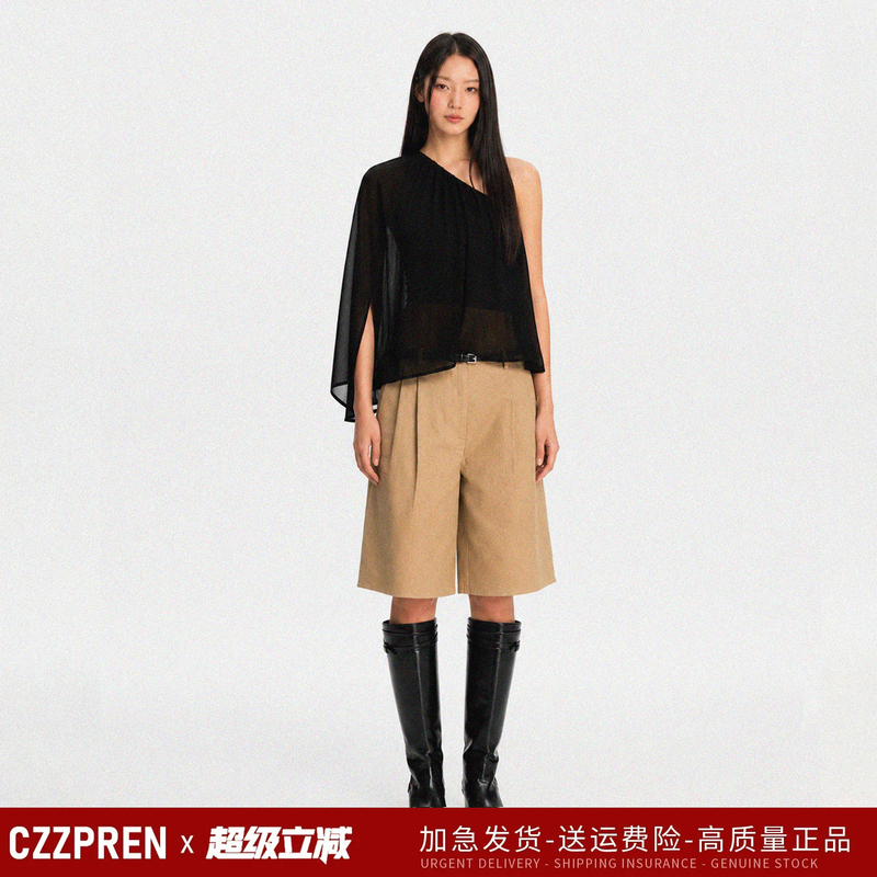 Czzpren Cupro Fabric Loose-Fitting Asymmetrical Shoulder Design Asymmetrical Hem Top Anti-Exposure Faux Two-Piece
