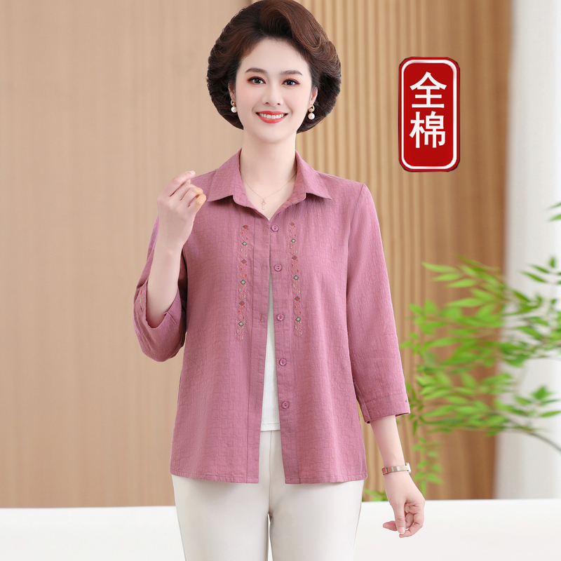 Pure Cotton Summer Shirt for Moms, Thin and Loose-Fitting, Stylish for Middle-Aged and Elderly Women, Full Cotton Cardigan Top
