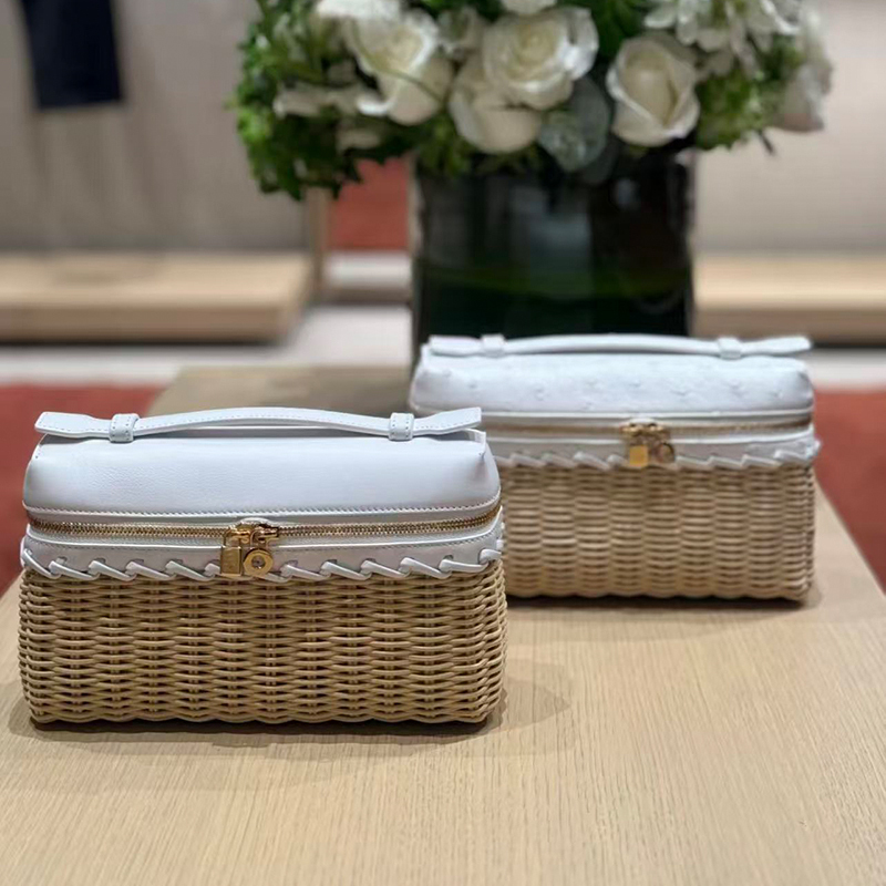 French Handmade Rattan Woven Lunch Box Bag 2026 Summer Genuine Leather Women's Handbag Tote Bag Bamboo Woven Cosmetic Bag Crossbody Bag