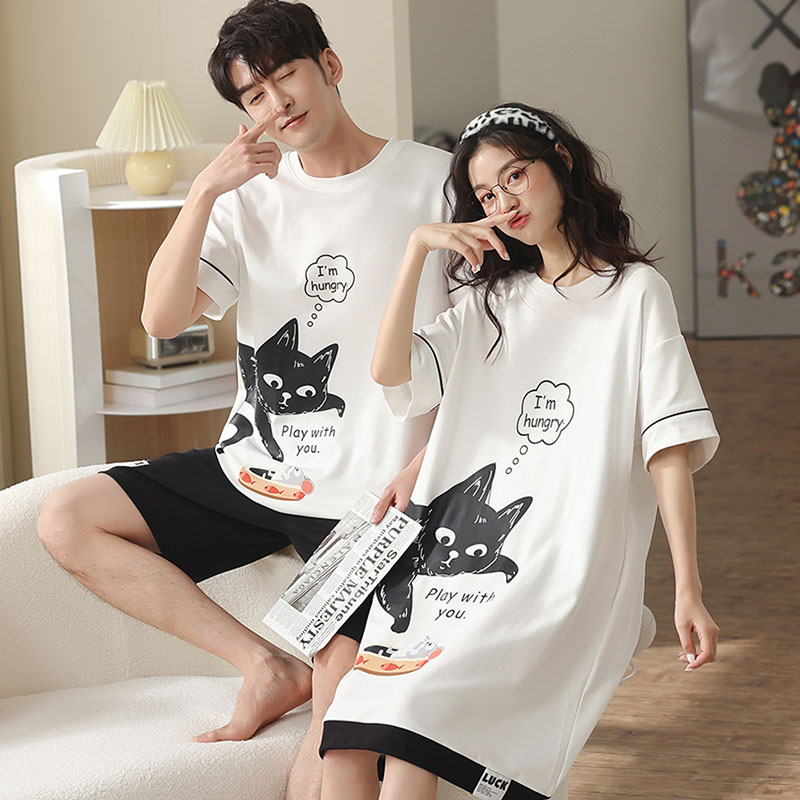 Couple pajamas summer cotton short-sleeved 2022 new cute cartoon women's nightdress men's thin homewear suit