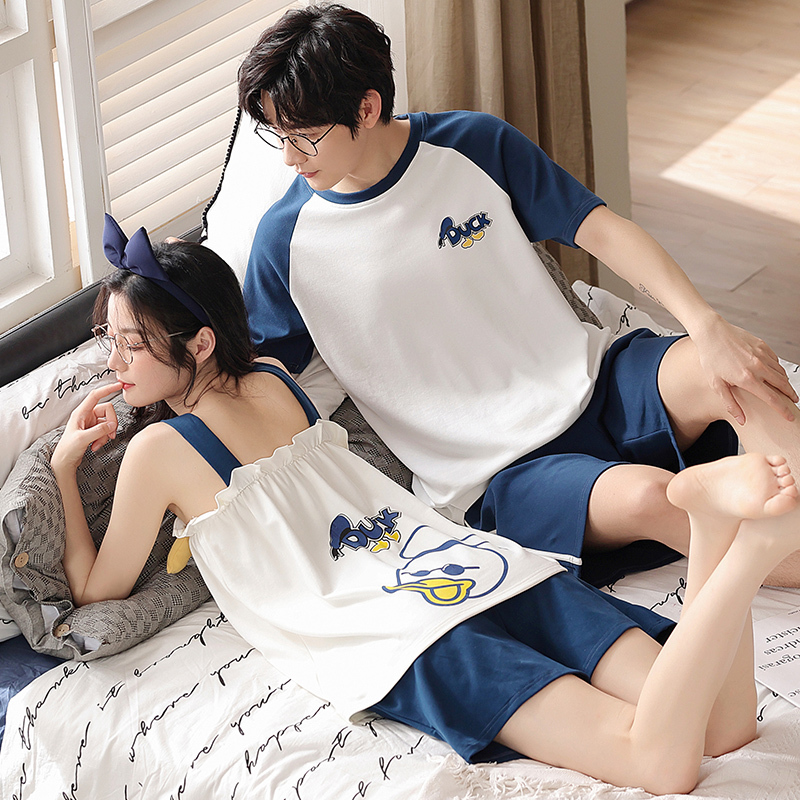 Summer Pajamas Couple Outfits, One Man and One Woman Set, Summer Thin Pure Cotton Camisole, Cute Cartoon Home Clothes