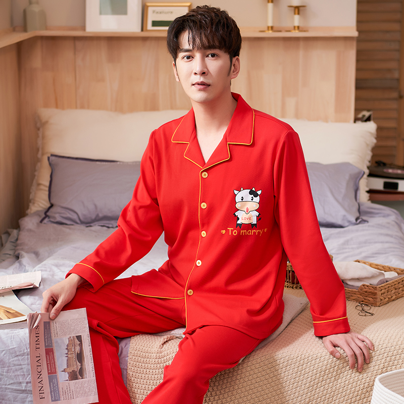 Men's Birth Year Pajamas Pure Cotton Long Sleeve Spring and Autumn Ox Year Wedding Red Autumn and Winter Cotton Homewear Wedding Suit