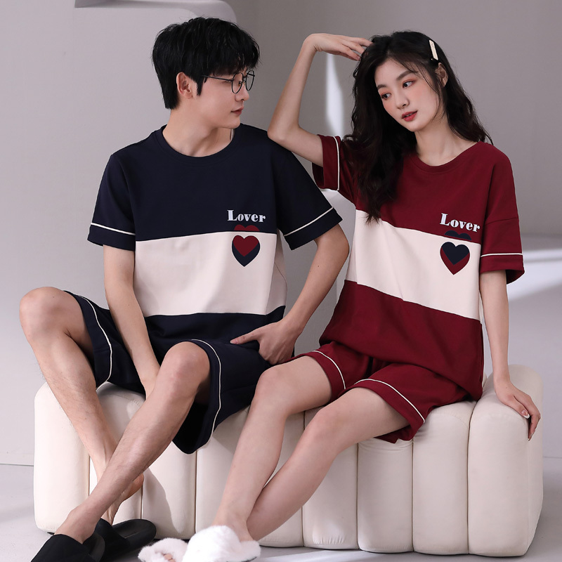 Couple's Pajamas 2026 Summer New Style Pure Cotton Short-Sleeved Round Neck Pullover Men's and Women's Casual and Comfortable Home Wear Set