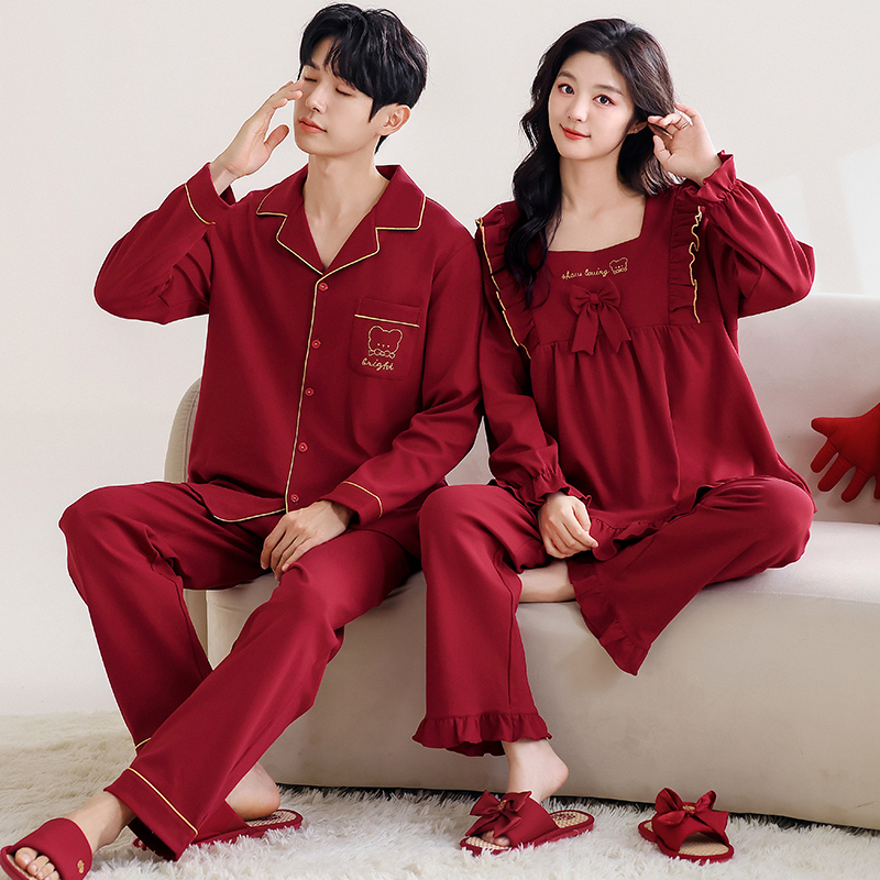 Wedding Couple's Pajamas, Spring and Autumn Pure Cotton Long-Sleeved Red Wedding Set, Men's and Women's Style, Sweet Princess Style for the Year of Birth Wedding Couple's Pajamas, Spring and Autumn Pure Cotton Long-Sleeved Red Wedding Set, Men's and Women's Style, Sweet Princess Style for the Year of Birth