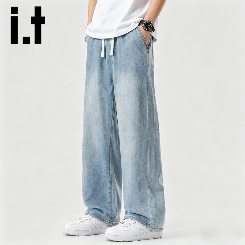 It Izzue American-Style Loose Jeans for Men, Summer Thin Casual Straight-Leg Pants, Tencel Trendy Wide-Leg Pants Y