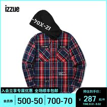 izzue mens shirt autumn trend plaid military style letter hooded 8103F9D