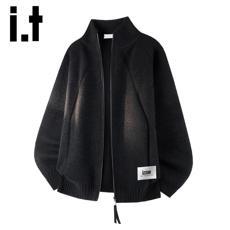 It Izzue High-End Black Knitted Cardigan for Men, Autumn 2026 New Casual Stand-Up Collar Sweater Jacket Y