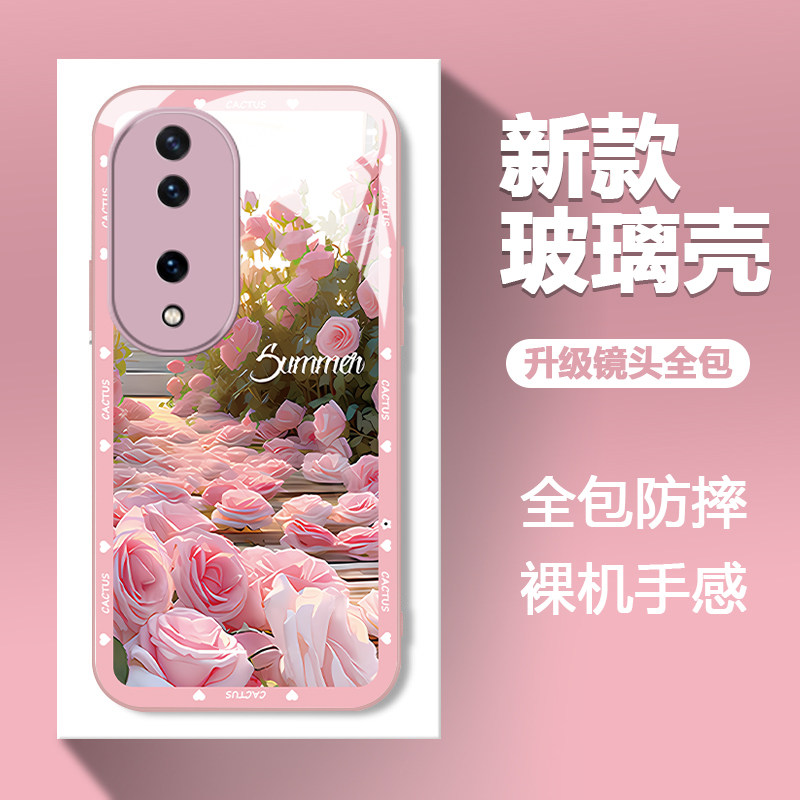 荣耀80手机壳honor70玻璃50pro新款荣耀60se女款玫瑰花荣耀v40轻奢版简约花朵荣耀70pro+高级80gt保护套唯美