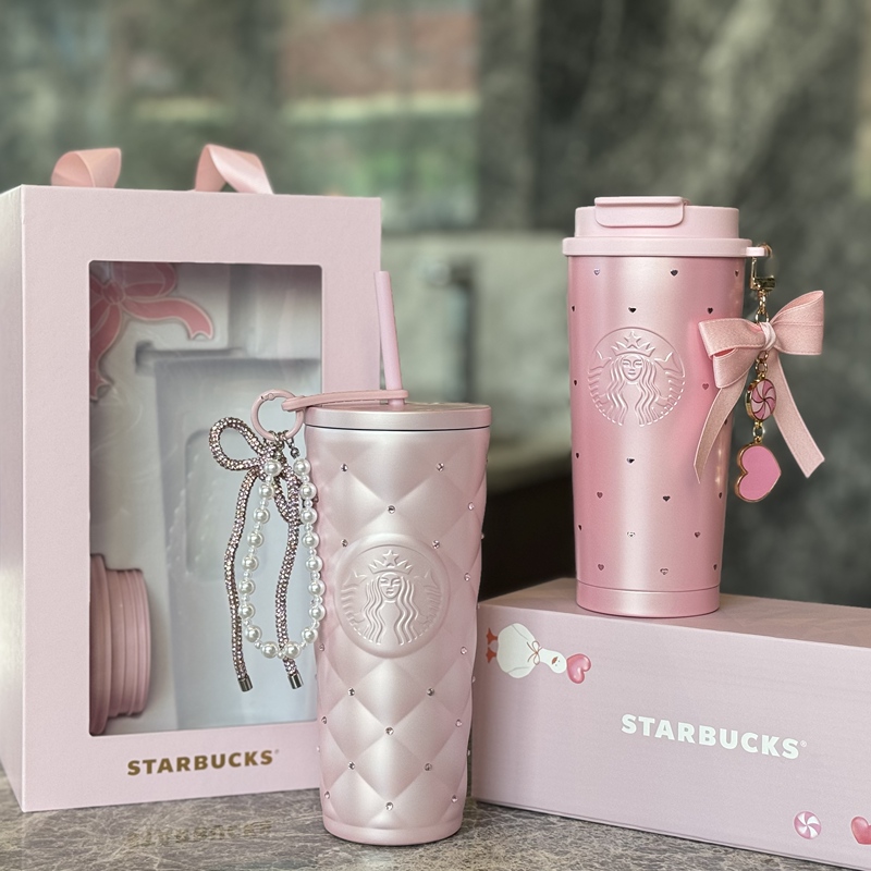Starbucks 2026 Valentine's Day Cherry Blossom Sweetheart Puff Duck Stainless Steel Diamond Surface Double Drink Spout Straw Cup Gift Box
