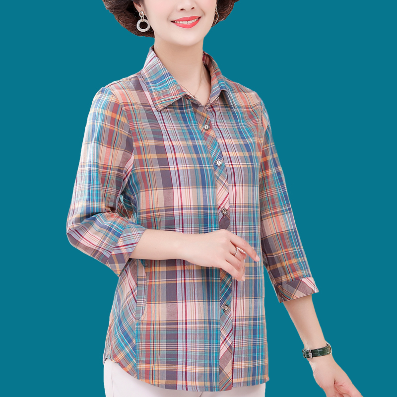 Pure Cotton Women's Shirt, Xinjiang Cotton, Summer All-Cotton Shirt for Mothers, Mid-Sleeve Top, Stylish Plaid Jacket for Middle-Aged and Elderly Women