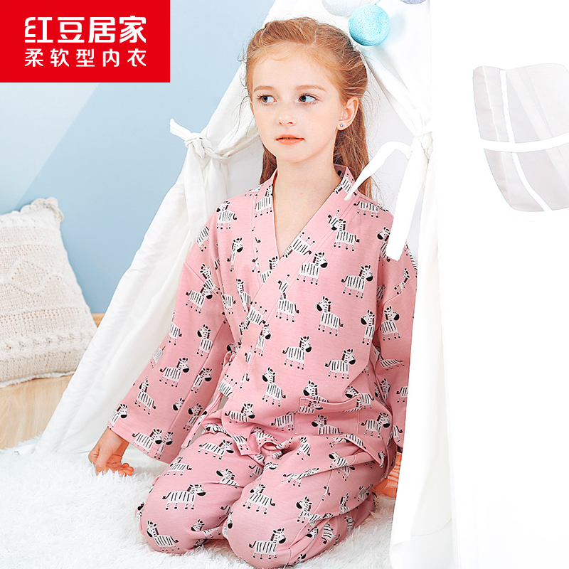 Red Bean Pure Cotton Children Sleepwear Day Style Long Sleeve Home Dress Girl Cartoon Printed All-cotton Girl and Suit Women
