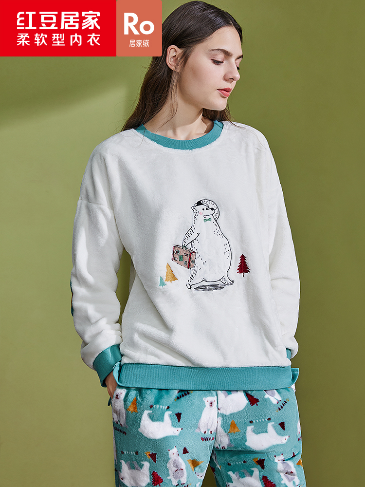 Red bean women flannel home clothes pullover set cute coral velvet pajamas Autumn and winter girl cartoon printing set