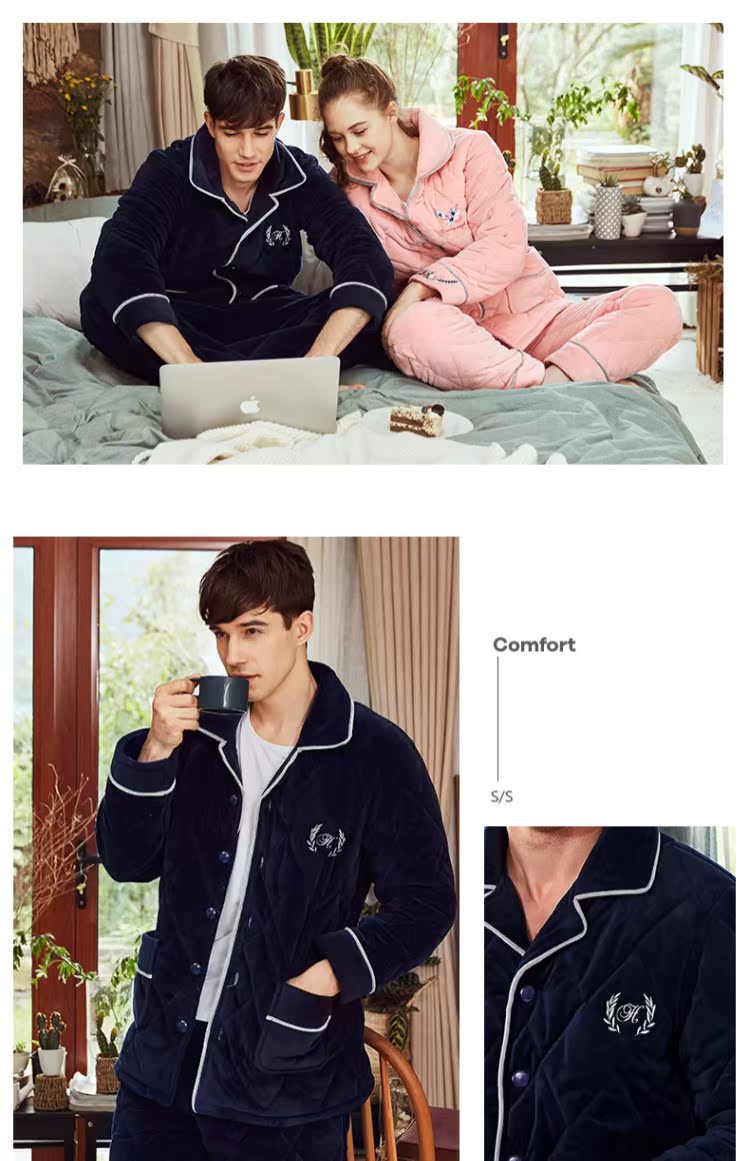 Coral lông cừu đồ ngủ phụ nữ mùa đông dài tay đậu đỏ flannel dày cộng với nhung nam dịch vụ nhà đồ bộ vải đũi