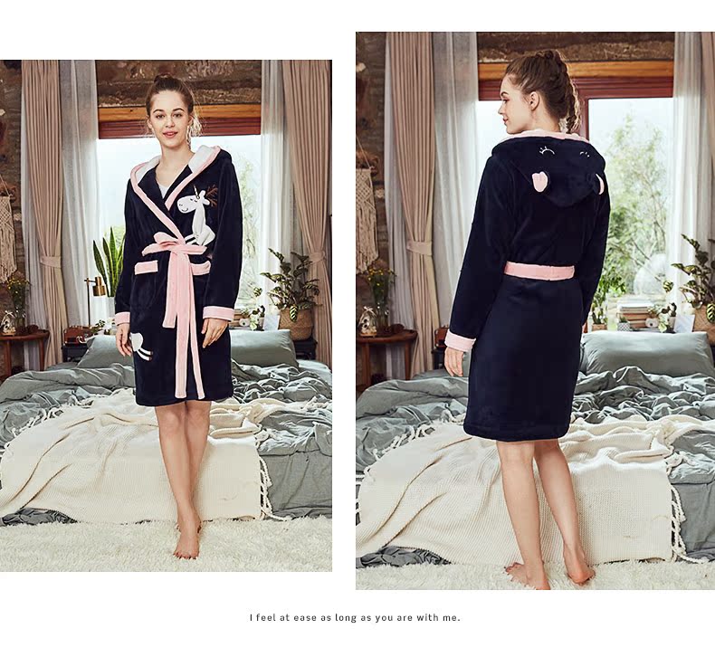 Đậu đỏ nhà mùa đông dày san hô lông cừu đồ ngủ nữ dễ thương phụ nữ flannel đoạn dài áo choàng ấm áo choàng tắm quần áo ngủ nữ mùa hè