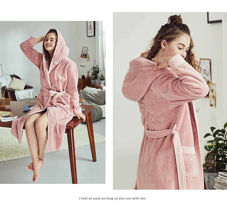 Đậu đỏ nhà đôi mùa đông dày san hô nhung đồ ngủ phụ nữ nam flannel áo choàng trùm đầu ấm áo choàng tắm ao ngu cao cap