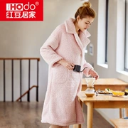 Đậu đỏ nhà san hô nhung áo choàng nữ mùa đông dày phần dài ấm áp áo choàng tắm nữ flannel đồ ngủ nhà dịch vụ