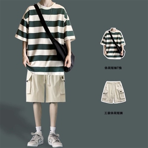 2024夏季新款潮流青少年男士大码工装短裤套装图片