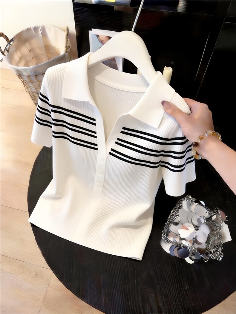 条纹撞色polo针织短袖t恤女夏季设计感弹力短款上衣,商品下架区,乐蒂丝