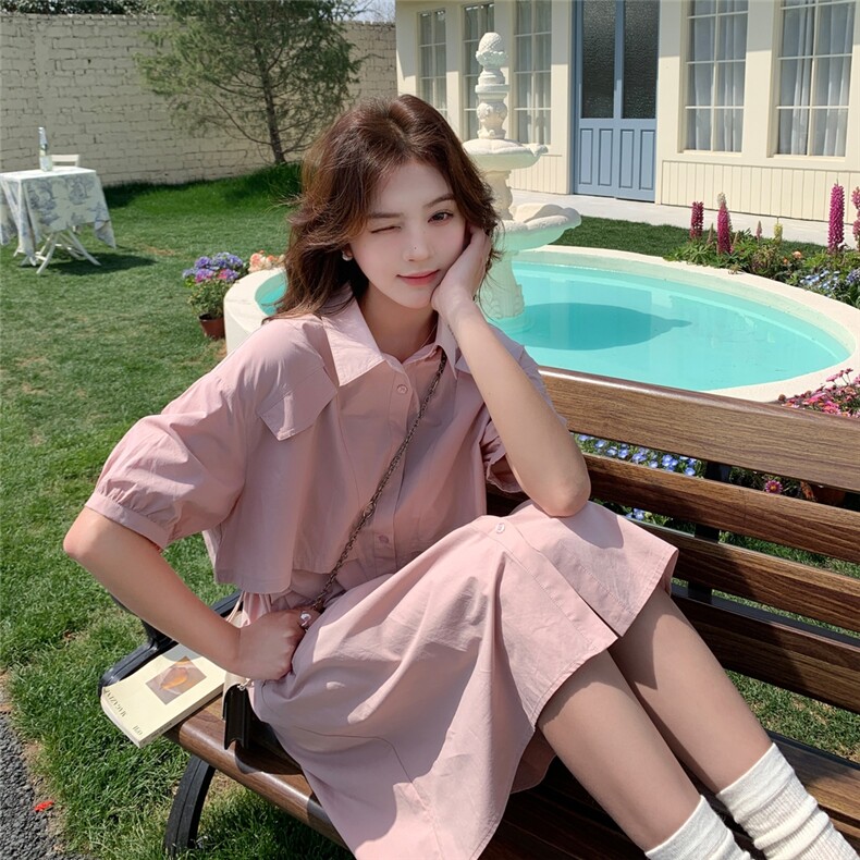 韩系甜美减龄粉色假两件短袖连衣裙女2025夏季新款宽松休闲衬衫裙,女装连衣裙,帛锦泉