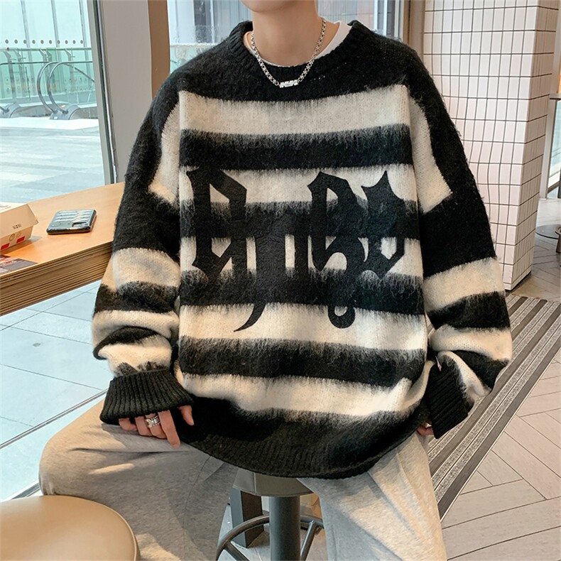 秋冬慵懒针织衫美式宽松高级感oversize条纹套头毛衣男M1301-P58,男装针织衫/毛衣,星座512-2